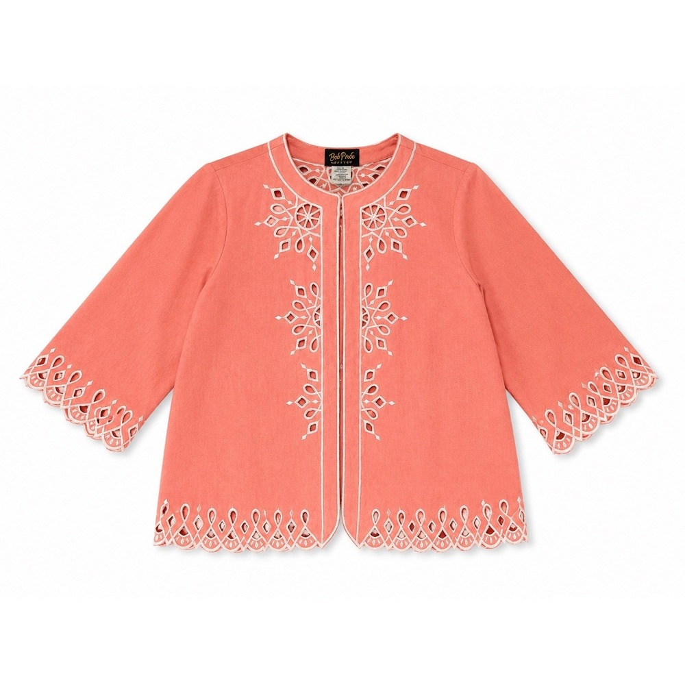 Bob Mackie Wearable Art Coral Linen Blend Eyelet Embroidered Jacket 1X A56674